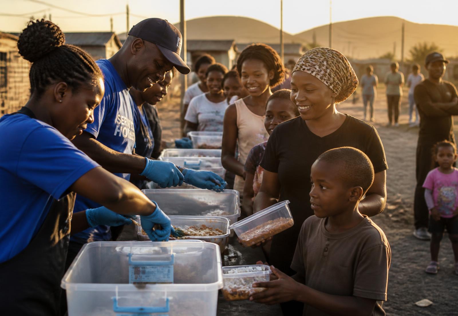 Volunteers serving warm meals to children and families in the community